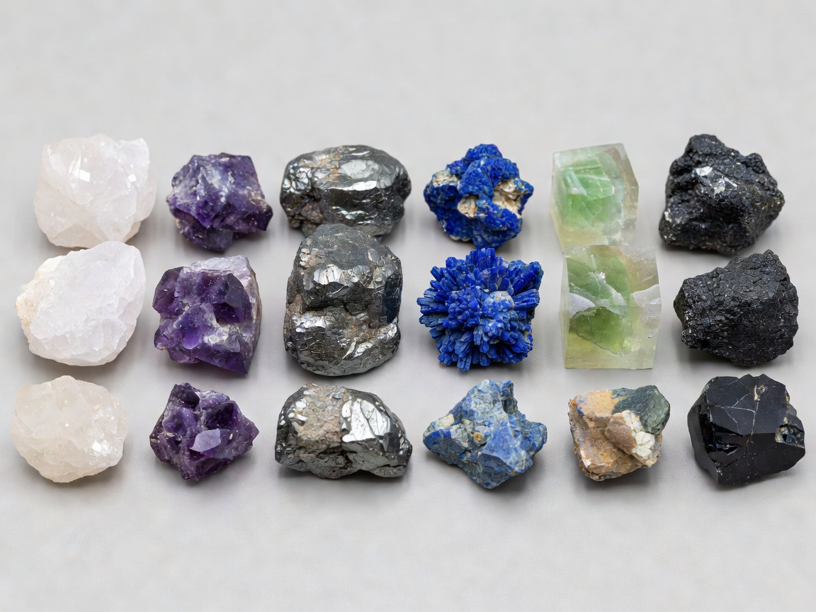Assorted raw mineral specimens arranged for visual comparison