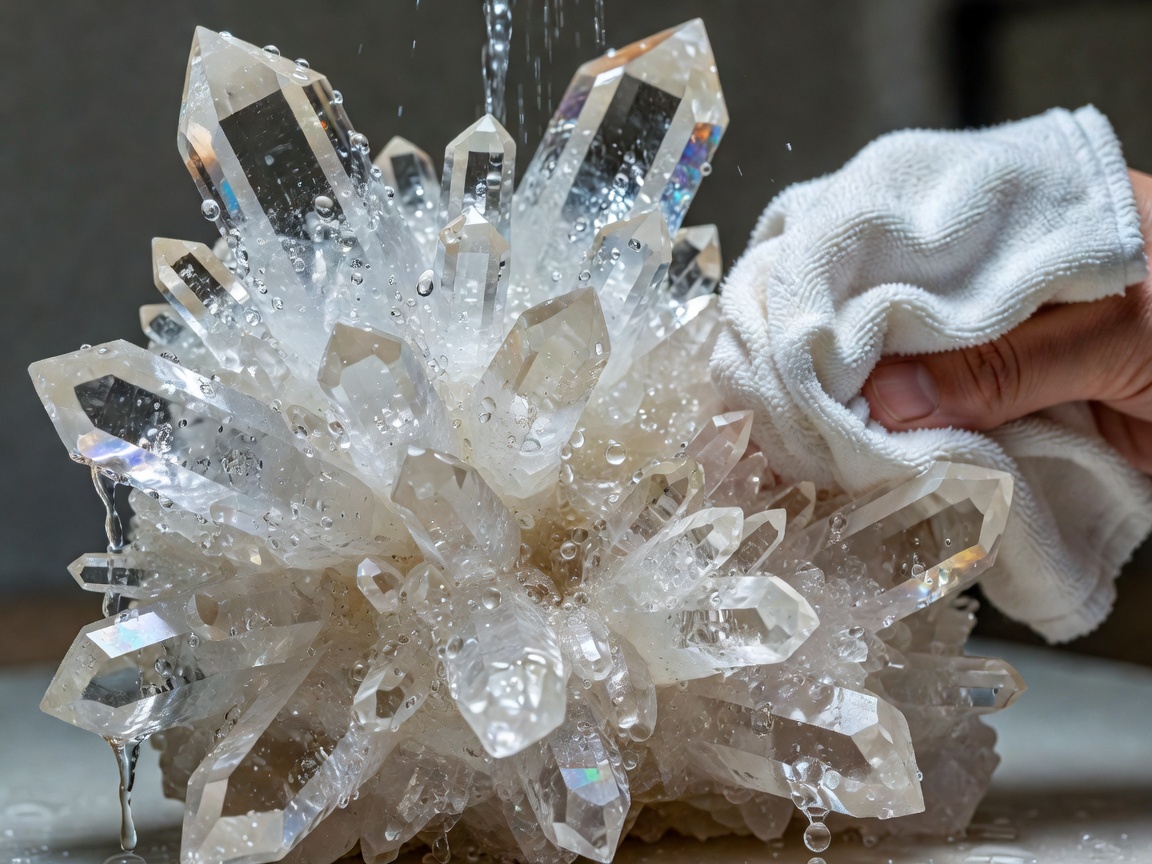 Crystal cluster being cleaned with water and soft cloth