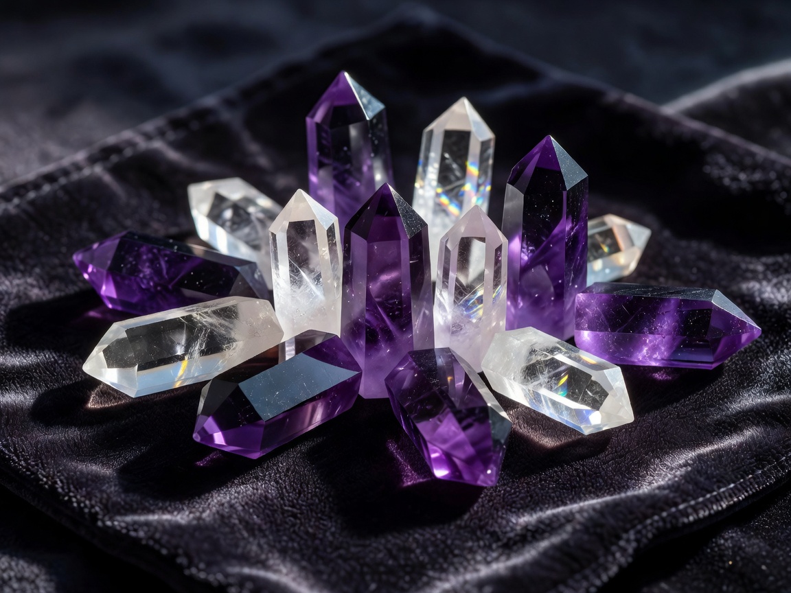 Polished purple and clear crystal points on a dark cloth