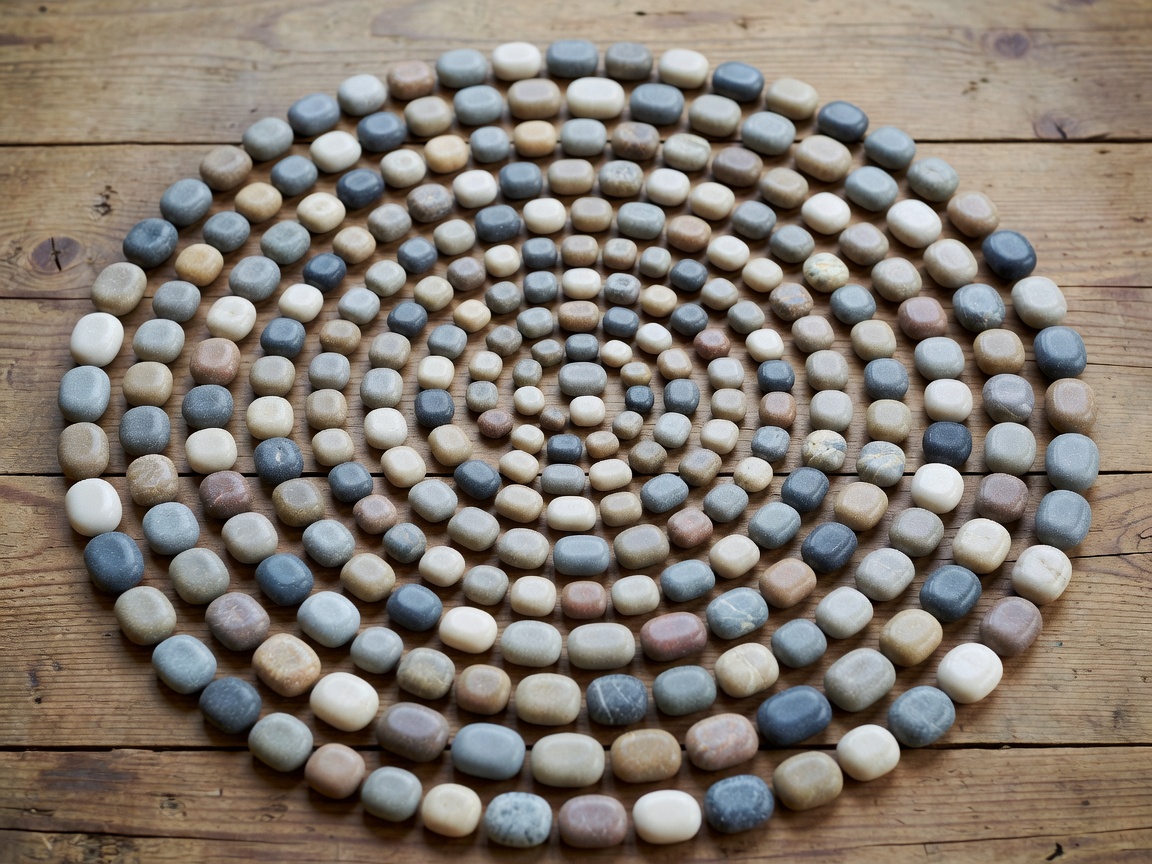 Smooth stones arranged in a spiral grid on a wooden surface